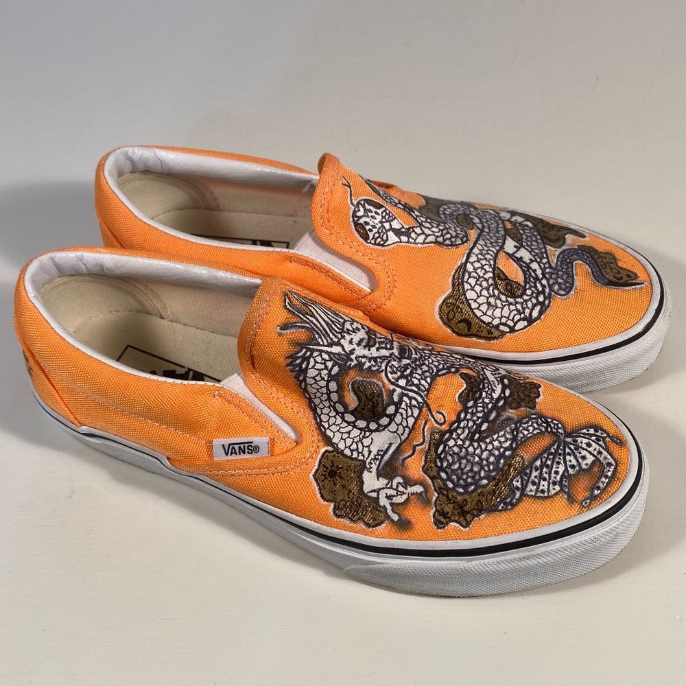 Vans Custom Painted Dragon Snake Orange Canvas Slip on Sneakers Women Size 7